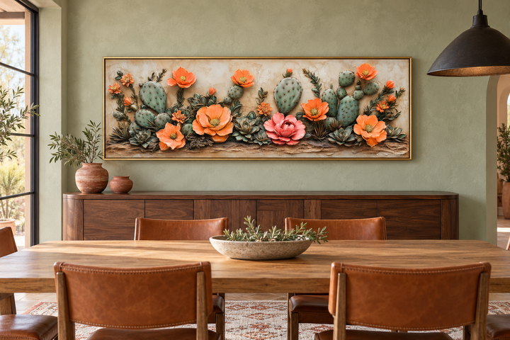 Southwest cactus wall art with orange blooms in a gold frame above a wooden sideboard.