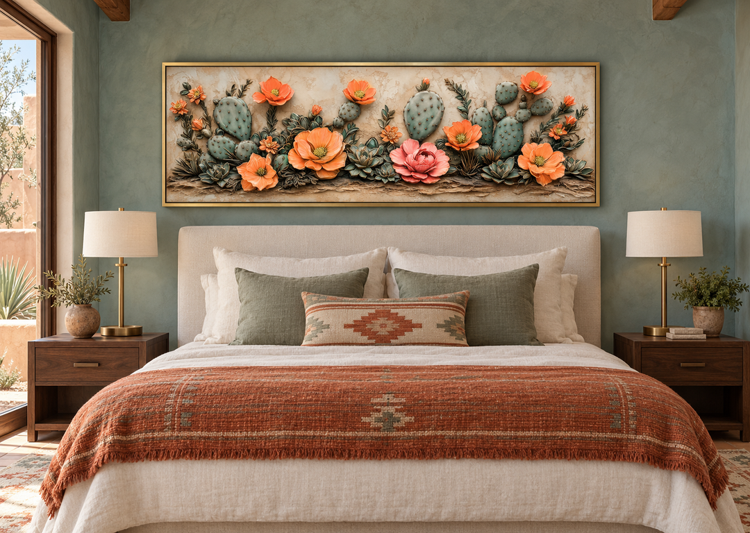 Southwest cactus wall art with orange blooms in a gold frame above a bed in a desert-style bedroom.