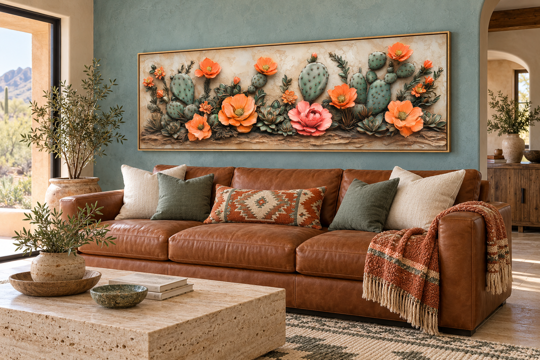 Southwest cactus wall art with orange blooms in a gold frame above a brown leather sofa.