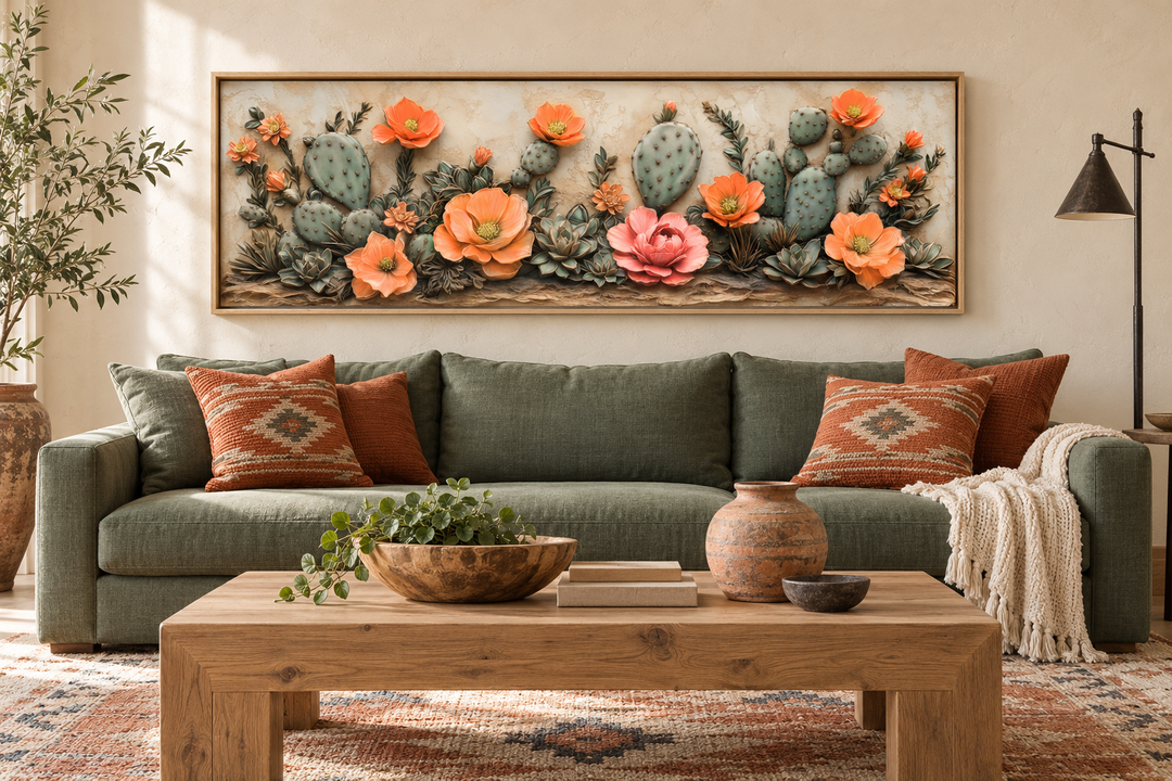 Southwest cactus wall art with orange blooms in a long narrow frame above a green sofa.