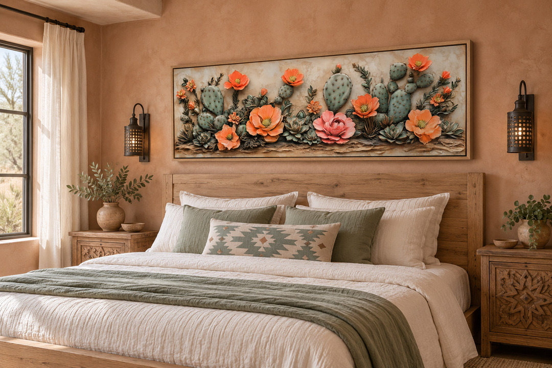Southwest cactus wall art with orange blooms in a long narrow frame above a bed.