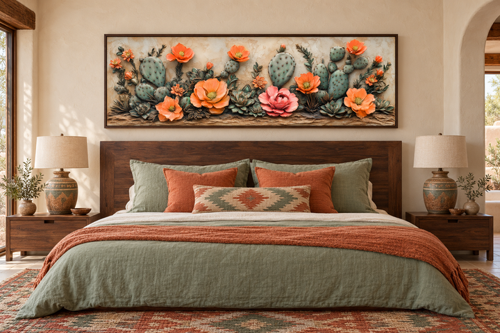 Southwest cactus wall art with orange blooms in a long narrow frame above a bed in a desert bedroom.