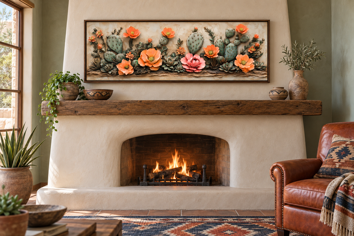 Southwest cactus wall art with orange blooms in a long narrow frame above a rustic fireplace mantel.