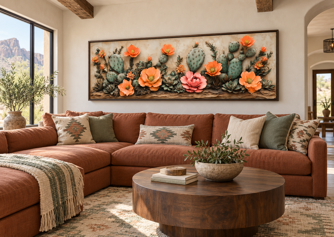 Southwest cactus wall art with orange blooms in a long narrow frame above a terracotta sectional.