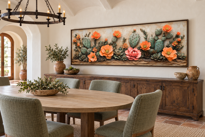 Long narrow wall art of 3D-style cacti with orange blooms above a wooden sideboard in a dining room.