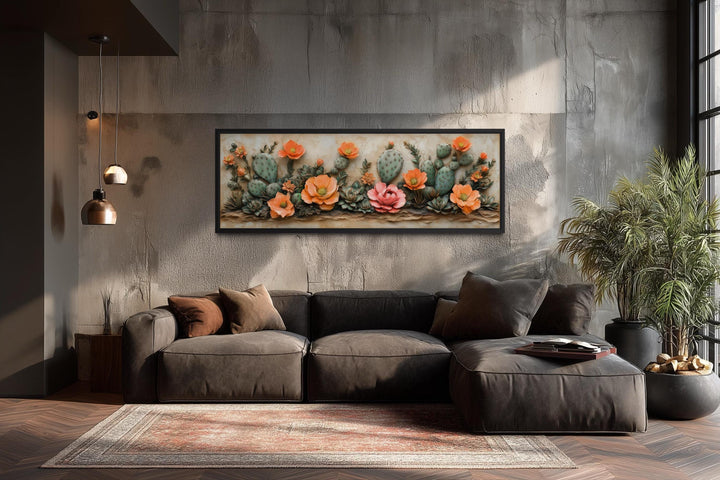 Southwest Cactus With Orange Blooms Desert Floral Landscape Long Narrow Wall Art