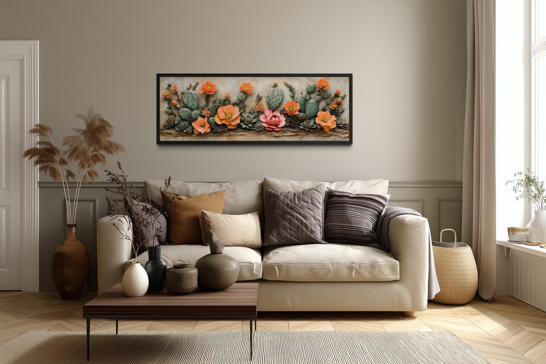 Southwest Cactus With Orange Blooms Desert Floral Landscape Long Narrow Wall Art