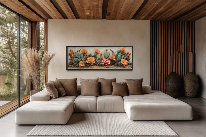 Southwest Cactus With Orange Blooms Desert Floral Landscape Long Narrow Wall Art