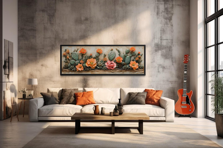 Southwest Cactus With Orange Blooms Desert Floral Landscape Long Narrow Wall Art