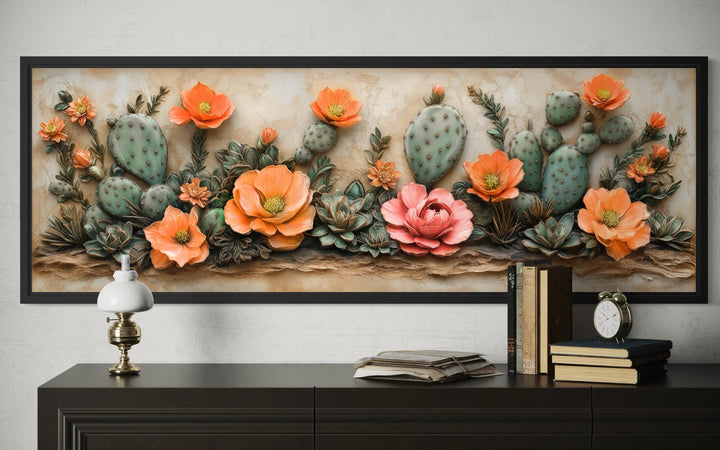 Southwest Cactus With Orange Blooms Desert Floral Landscape Long Narrow Wall Art