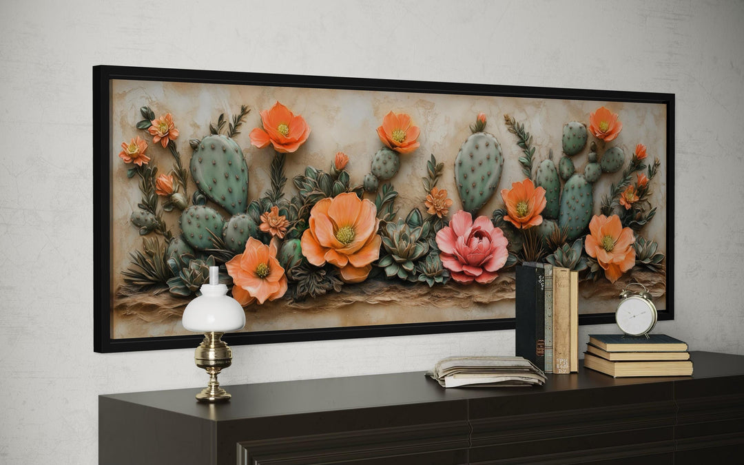 Southwest Cactus With Orange Blooms Desert Floral Landscape Long Narrow Wall Art