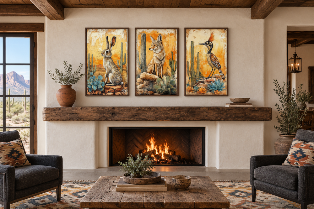 Set of 3 Southwest desert animal canvas prints featuring a rabbit, coyote, and roadrunner.