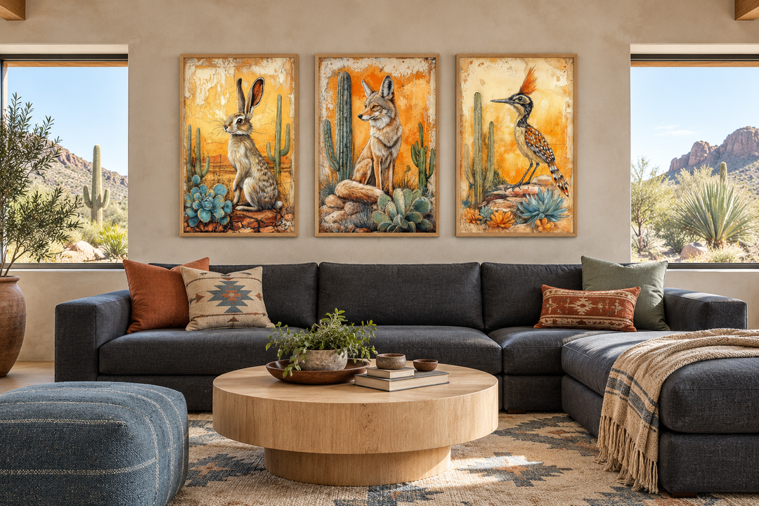 Set of 3 Southwest wall art prints featuring a rabbit, coyote, and roadrunner in desert landscapes.