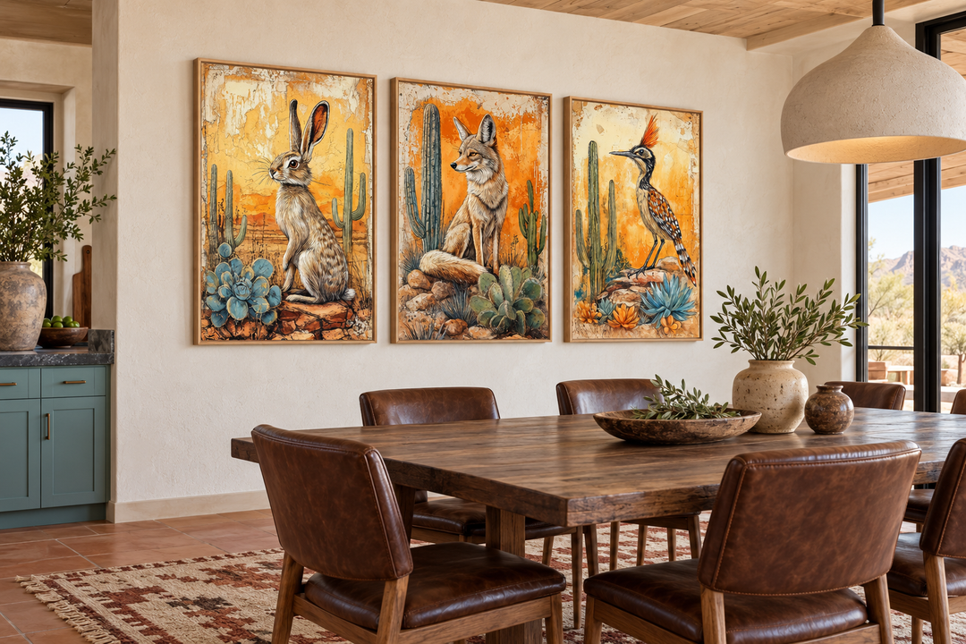 Set of 3 Southwest desert animal canvas prints featuring a jackrabbit, coyote, and roadrunner.