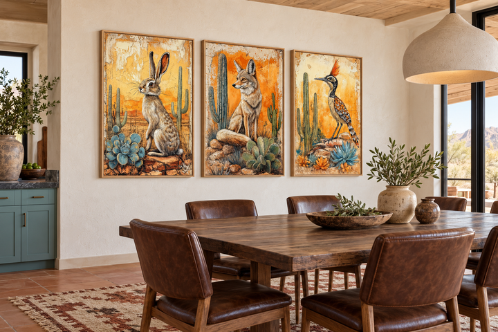 Set of 3 Southwest desert animal canvas prints featuring a jackrabbit, coyote, and roadrunner.