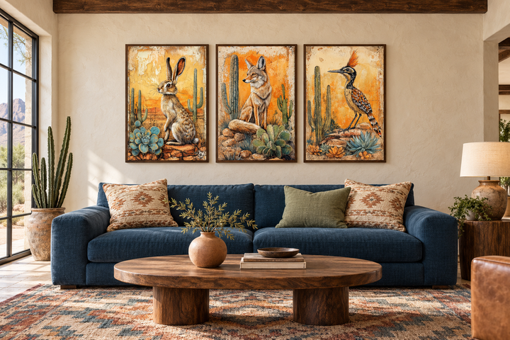 Set of 3 Southwest wall art prints with a rabbit, coyote, and roadrunner above a blue sofa.