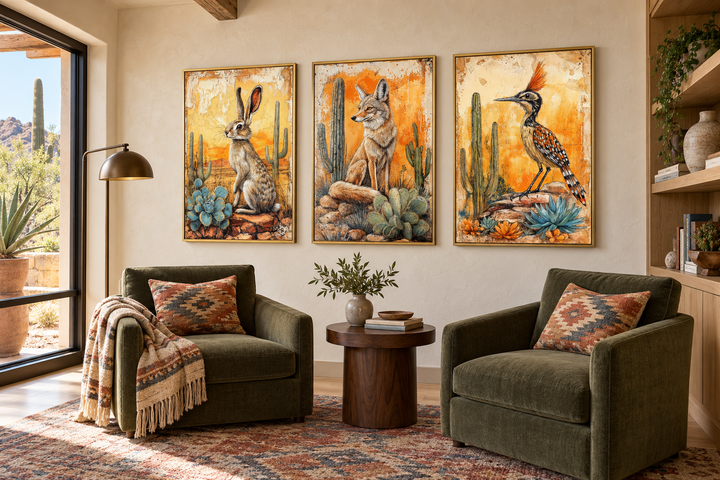 Set of 3 Southwest canvas prints featuring a rabbit, coyote, and roadrunner in gold frames.