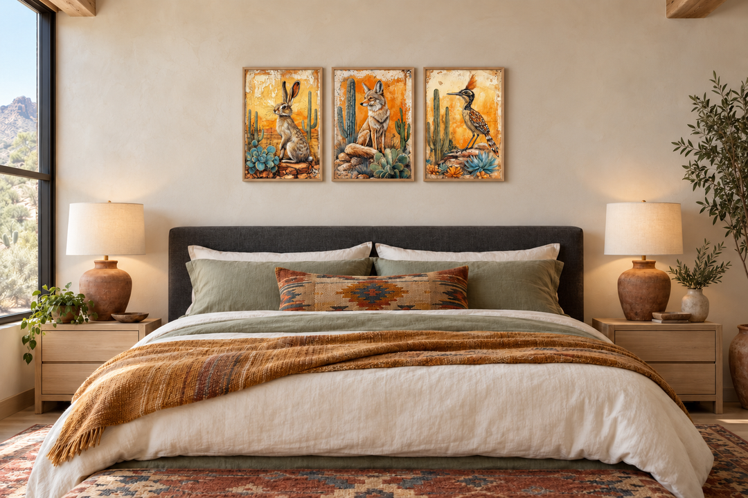 Set of 3 Southwest desert animal canvas prints featuring a rabbit, coyote, and roadrunner.