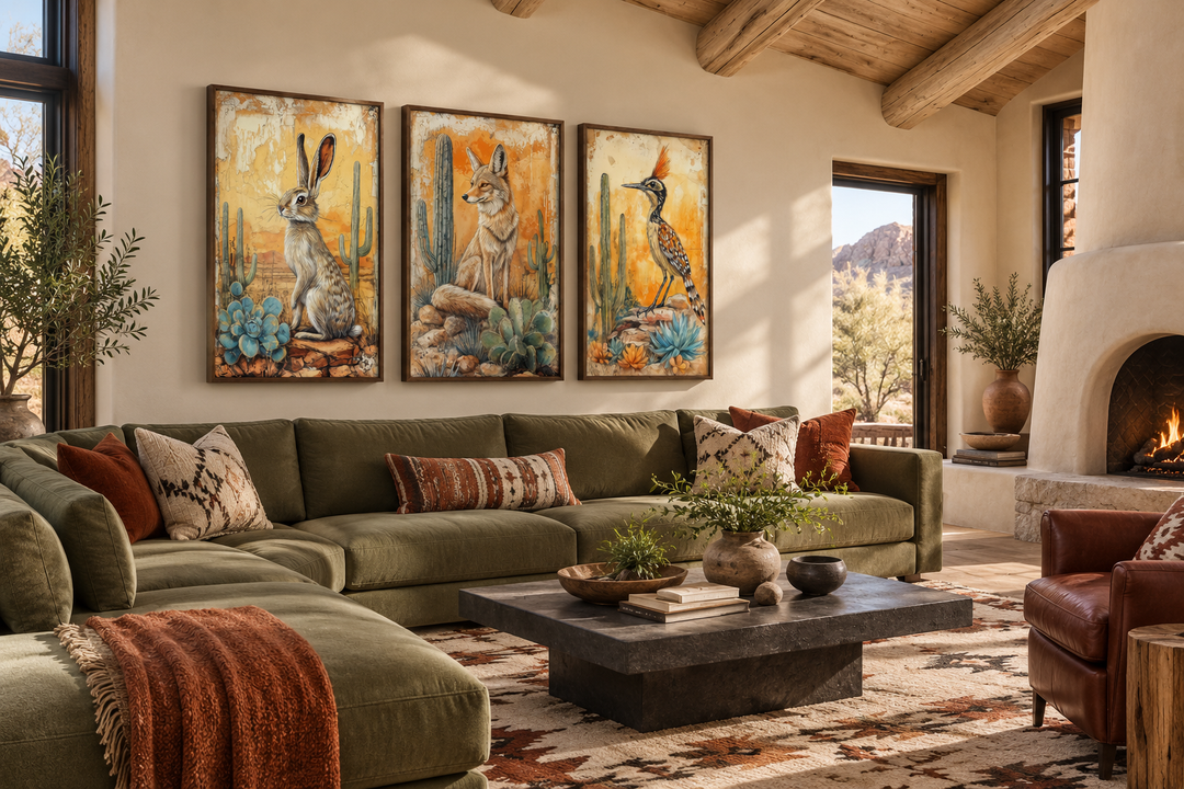 Set of 3 Southwest desert animal canvas prints featuring a rabbit, coyote, and roadrunner.