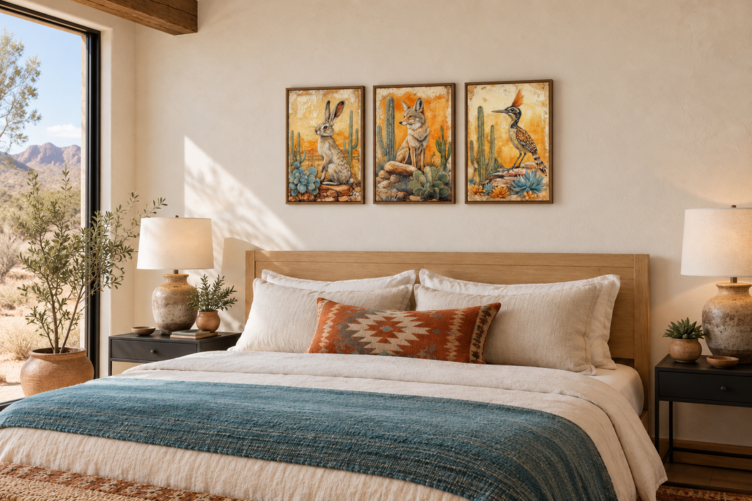 Set of 3 Southwest desert animal prints featuring a rabbit, coyote, and roadrunner above a bed.