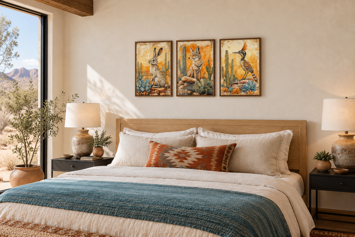 Set of 3 Southwest desert animal prints featuring a rabbit, coyote, and roadrunner above a bed.