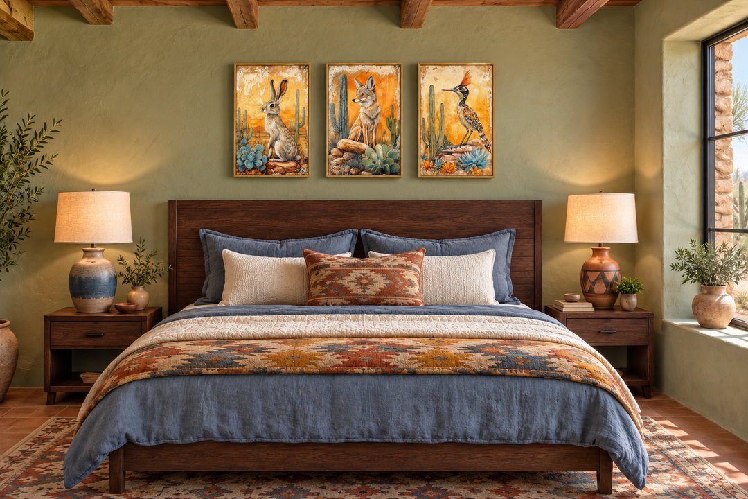 Set of 3 Southwest desert animal canvas prints featuring a rabbit, coyote, and roadrunner.