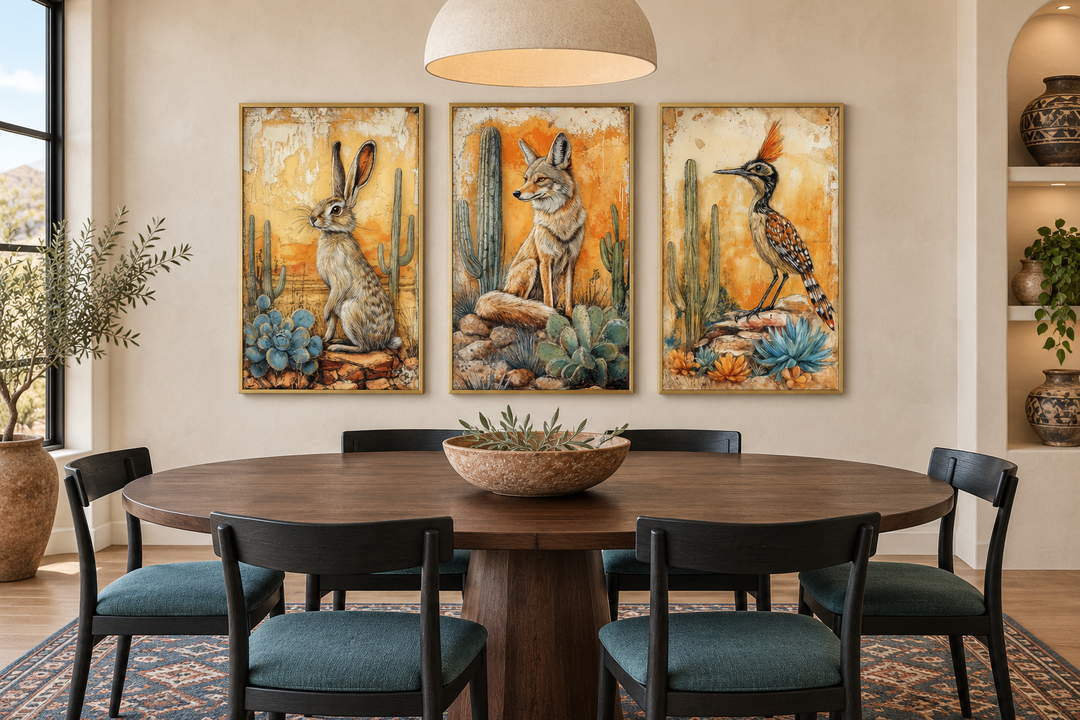 Set of 3 Southwest desert animal canvas prints featuring a rabbit, coyote, and roadrunner.