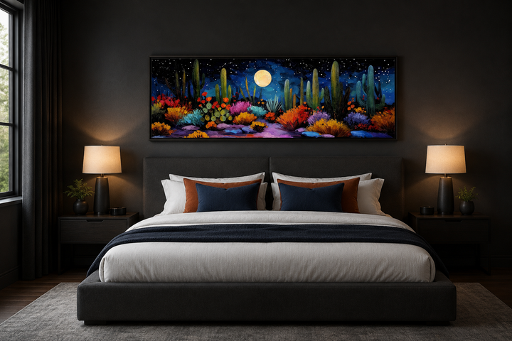 Southwest desert cacti under a moon and starry sky long horizontal canvas wall art above a bed.