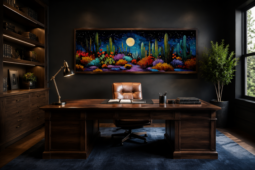 Southwest desert cacti under moon and starry sky long horizontal canvas wall art in a dark office.