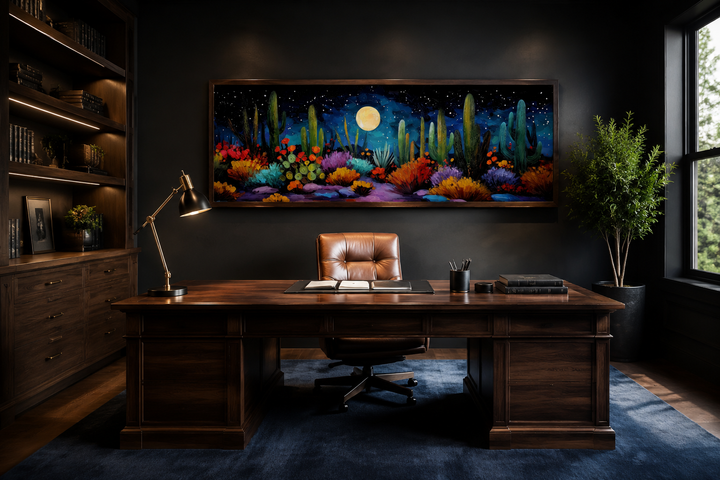 Southwest desert cacti under moon and starry sky long horizontal canvas wall art in a dark office.