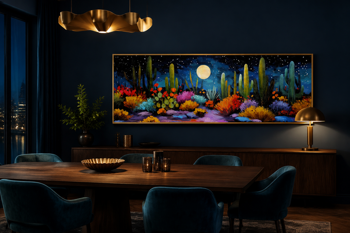 Southwest desert cacti under a moon and starry sky on a long horizontal canvas in a dining room.