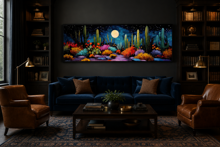 Colorful long horizontal canvas art of desert cacti under a full moon in a dark library setting.