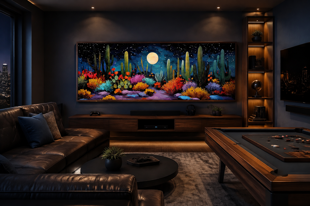 Southwest desert cacti under moon and starry sky long horizontal canvas wall art in a modern room.