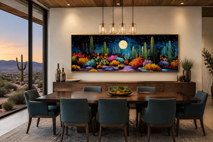 Southwest desert cacti under moon and starry sky long horizontal canvas wall art in a dining room.