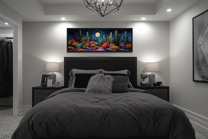Southwest Desert Cacti Under Moon And Starry Sky Long Horizontal Canvas Wall Art