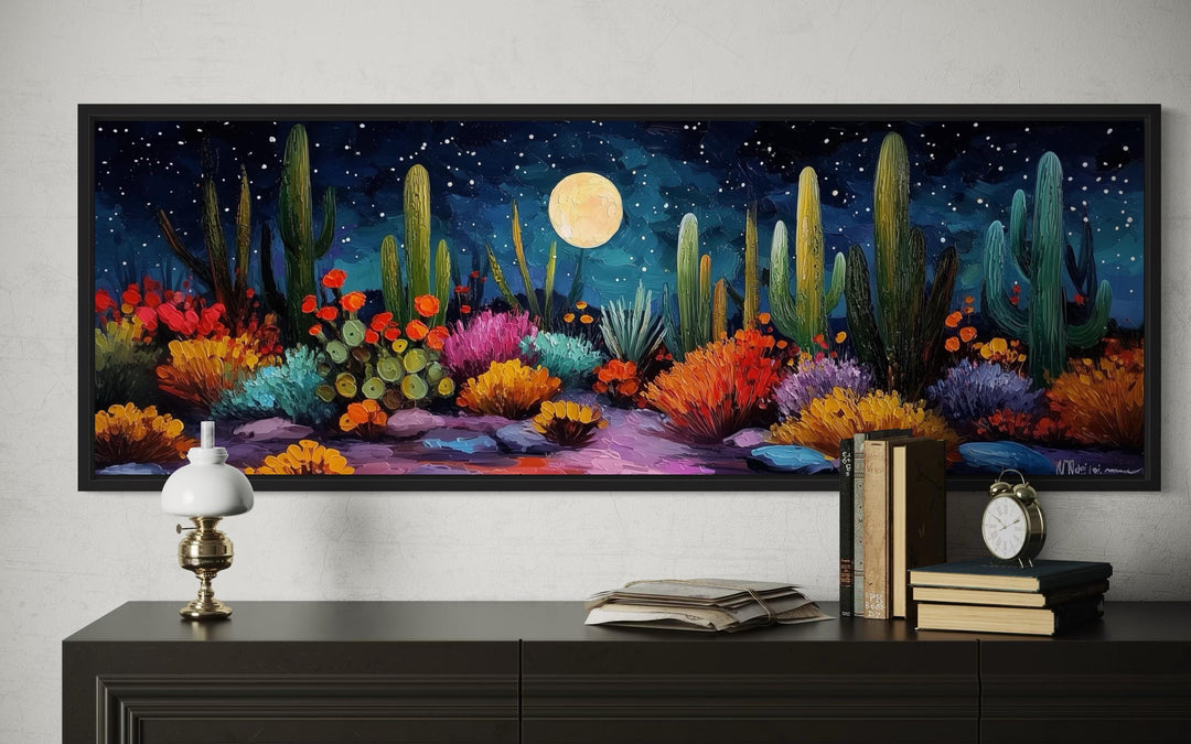 Vibrant horizontal canvas art of desert cacti under a glowing moon and starry night sky.