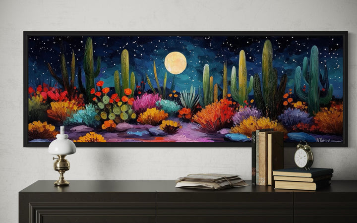 Vibrant horizontal canvas art of desert cacti under a glowing moon and starry night sky.