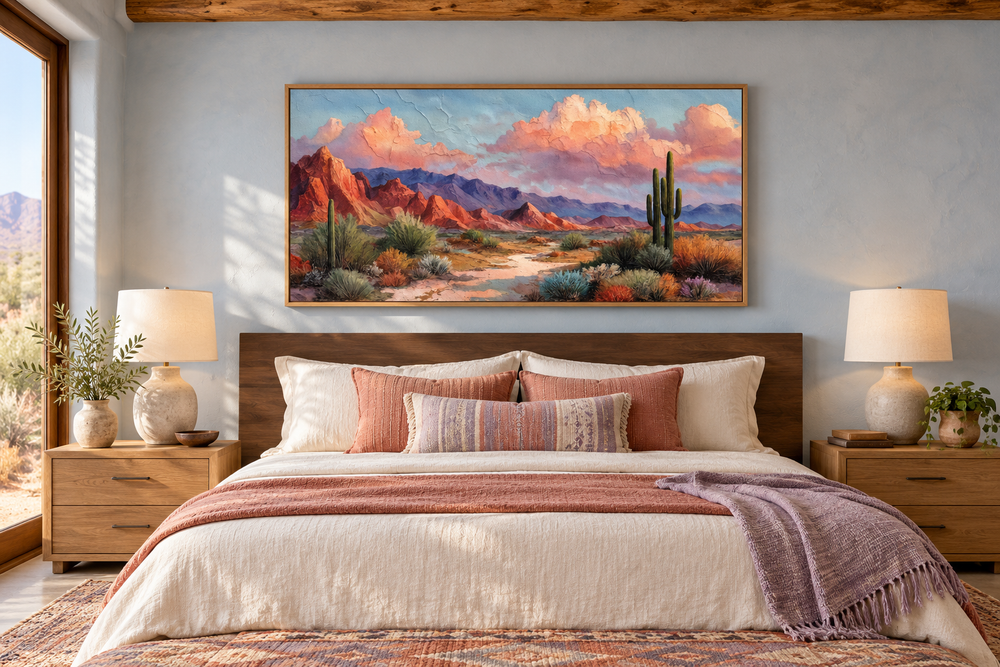 Southwest desert landscape canvas print with cacti and mesas in a rustic bedroom setting.
