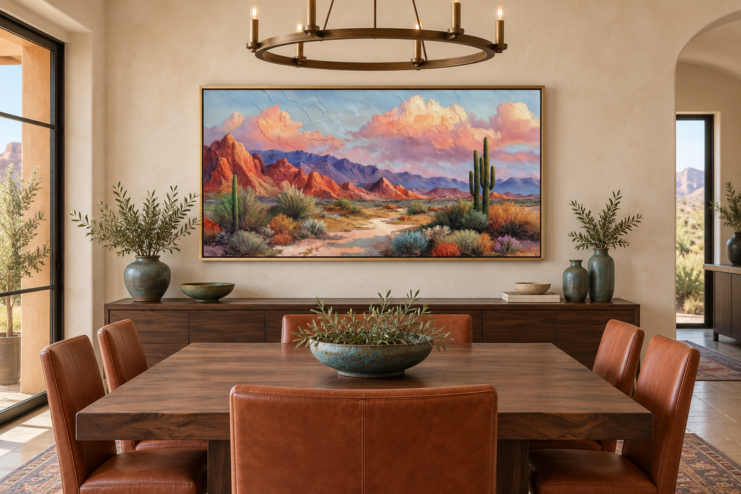 Rustic Southwest desert landscape canvas print in a gold frame above a dining room sideboard.