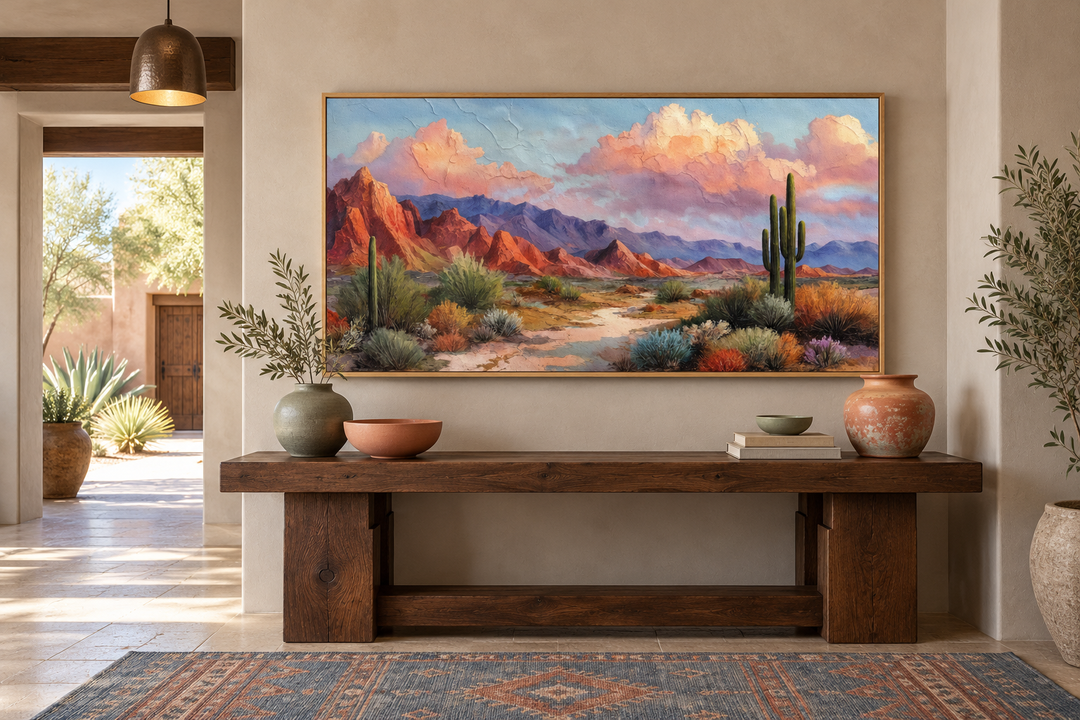 Southwest Desert wall art canvas print of a colorful landscape above a rustic wooden console table.