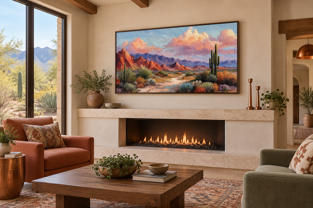 Southwest desert landscape canvas print in a walnut frame above a modern fireplace in a rustic room.