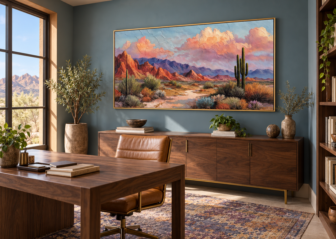 Southwest desert landscape canvas print in a gold frame above a wooden desk in a home office.
