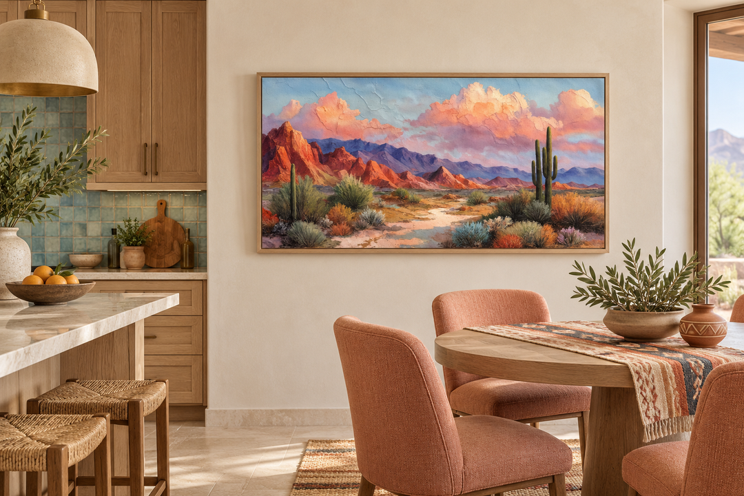 Southwest desert landscape canvas print with mesas and cacti in a rustic kitchen and dining area.