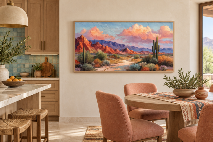 Southwest desert landscape canvas print with mesas and cacti in a rustic kitchen and dining area.
