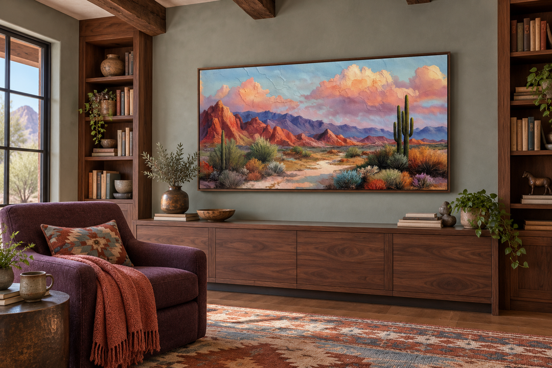 Southwest desert landscape canvas wall art with cacti and mesas in a rustic living room setting.
