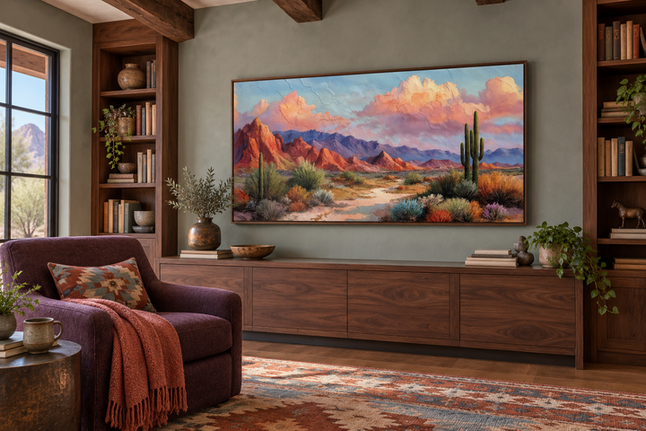 Southwest desert landscape canvas wall art with cacti and mesas in a rustic living room setting.