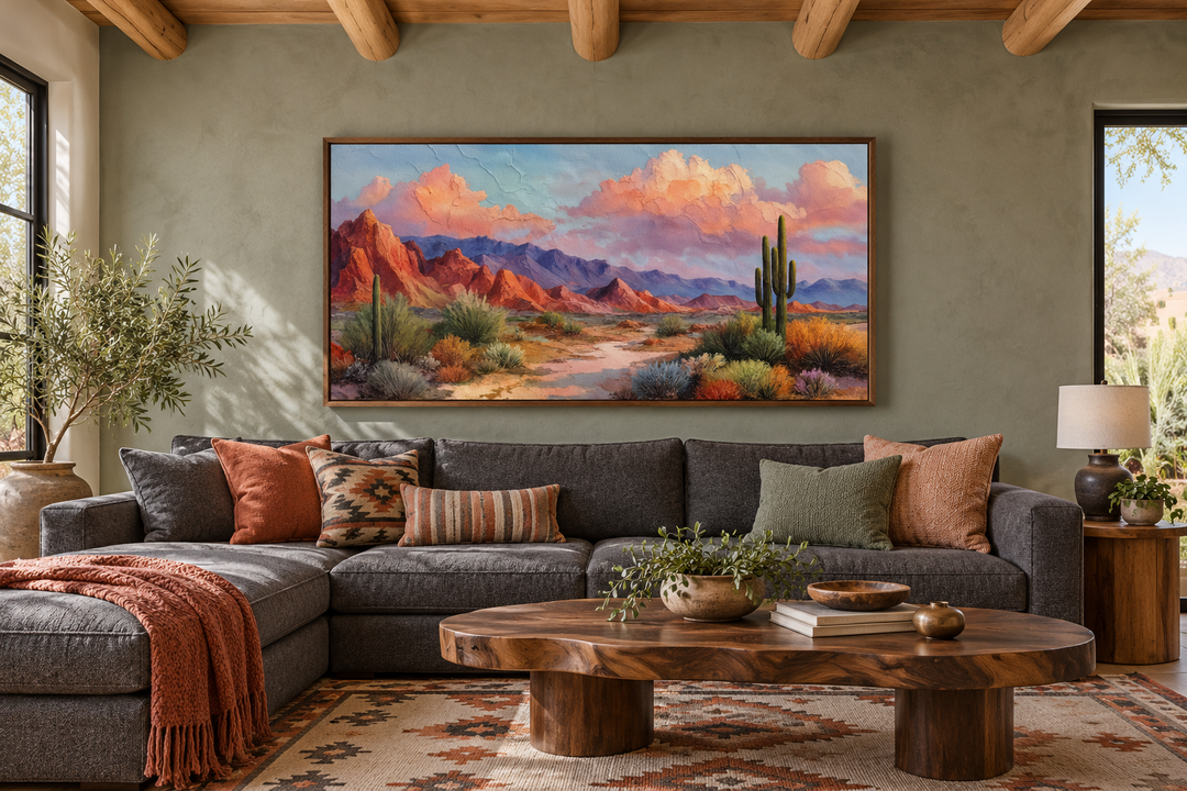 Southwest desert landscape canvas print with cacti and mountains in a rustic living room.
