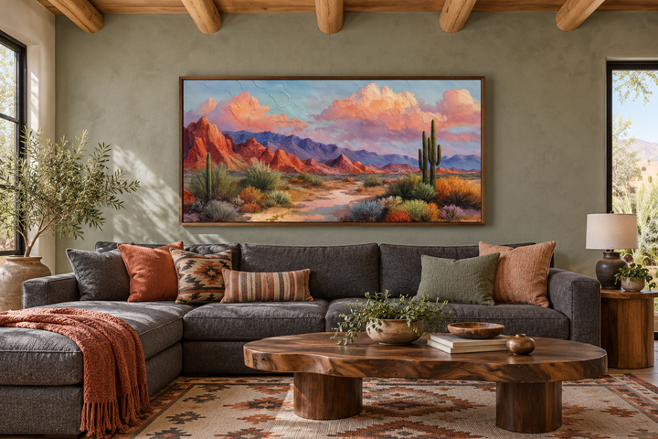 Southwest desert landscape canvas print with cacti and mountains in a rustic living room.