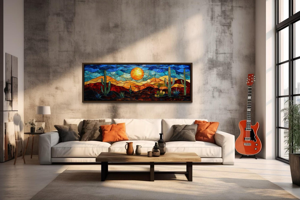 Southwest Desert Sunset Cactus Landscape Stained Glass Style Long Horizontal Canvas Wall Art