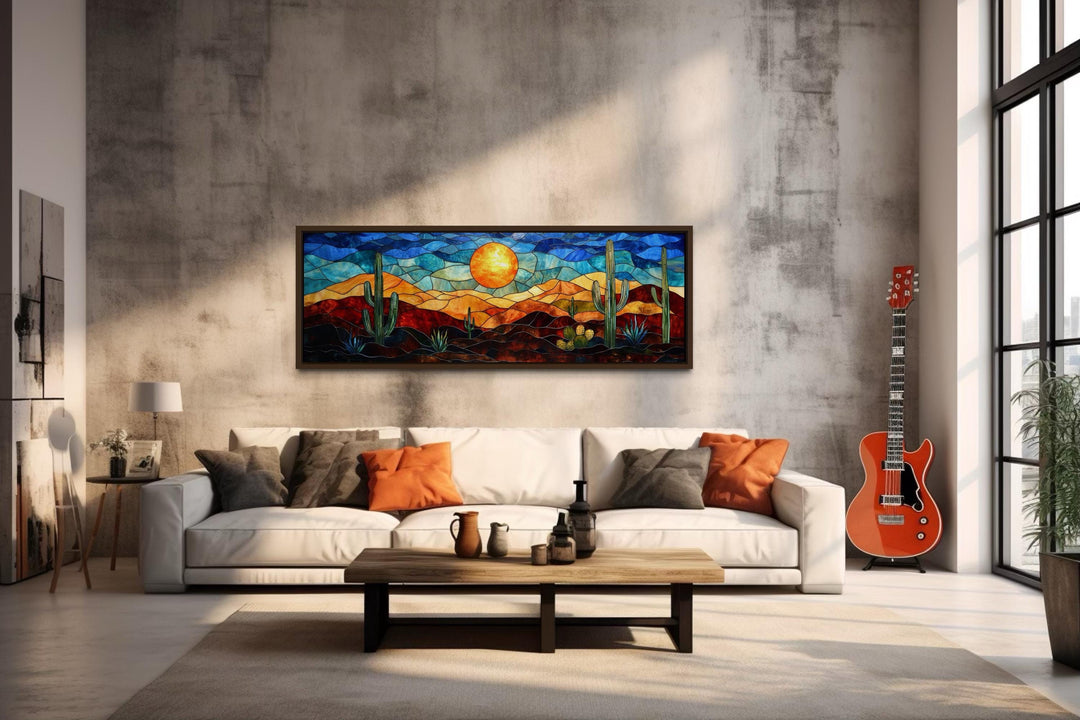 Southwest Desert Sunset Cactus Landscape Stained Glass Style Long Horizontal Canvas Wall Art
